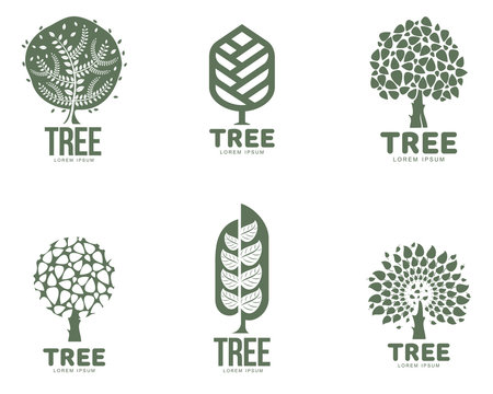 Set of stylized abstract graphic tree logo templates, vector illustration isolated on white background. Collection of creative tree logotype templates, environment, nature, growth, development concept