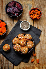 Raw vegan dried apricots, dates, almonds Chia seed balls