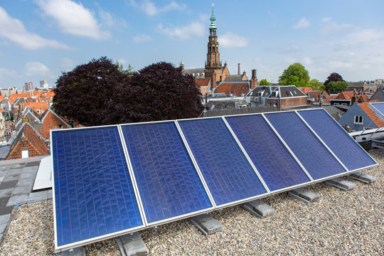 Energy with solar panels on the roof in Leiden.