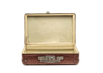 Old vintage suitcase opened front isolated on white