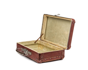 Old vintage suitcase opened front isolated on white