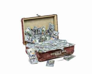 Open old vintage suitcase full of money, business concept