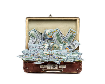 Open Old Vintage Suitcase Full Of Money, Business Concept