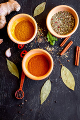 spices in wooden spoons on white background top view