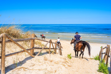 Tourists riding horses to sandy beach in Lubiatowo coastal village, Baltic Sea, Poland - obrazy, fototapety, plakaty
