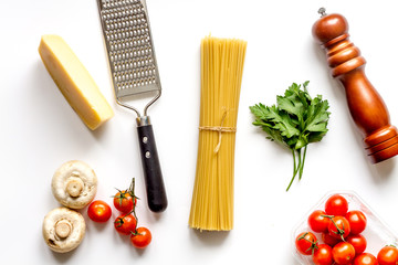 ingredients for cooking paste on white background top view