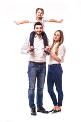 Fototapeta premium Happy family on white background. Mother, father and daughter