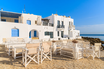 Fototapeta na wymiar White Greek architecture of Naoussa port on Paros island, Greece