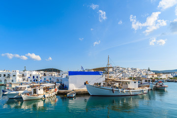 Fototapeta na wymiar Fishing boats mooring in Naoussa port on Paros island, Greece