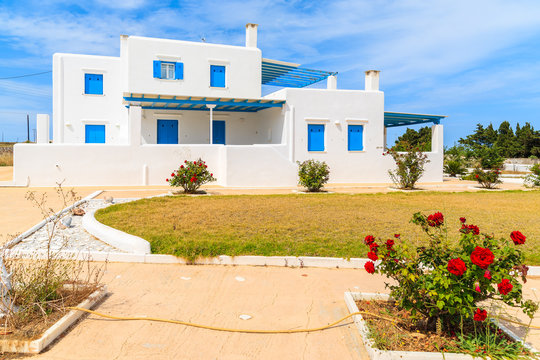 Typical white Greek villa in Ampelas village on Paros island, Greece
