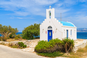 Typical Greek white church building in Ampelas fishing village, Paros island, Greece