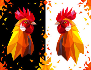 Bright postcard with a head rooster on white and black background. Red fiery cock symbol of New Year 2017. Polygonal Geometric Triangle style. Vector illustration