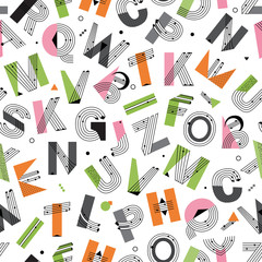 Creative geometric Alphabet seamless pattern. Postmodernist design typeface in Memphis style. Vector
