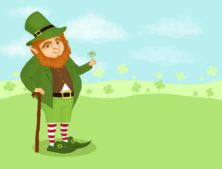 leprechaun holding a four-leaf clover in a landscape