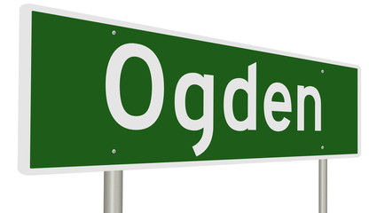 A 3d rendering of a green highway sign for Ogden, Utah