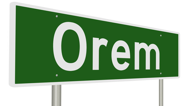 A 3d rendering of a green highway sign for Orem, Utah