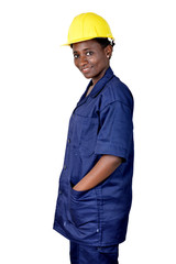 Portrait of a young worker in her work suit.