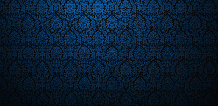 Fragment of ornamental wallpaper turquoise blue navy green colored , or abstract surface of tiled flowers and leaves  pattern, or texture useful as a background vignetted and gradient background