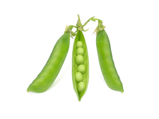 Sweet peas. Fresh pea pods isolated on white background. One pea pod is open.