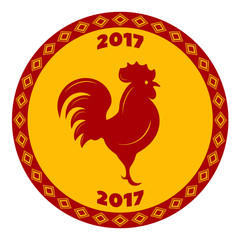 red rooster in a round frame with an ornament in the rhomb