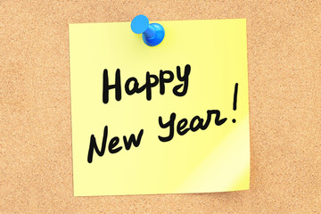 Happy New Year text on a sticky note pinned to a corkboard. 3D r