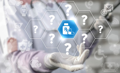 Pharmacy medicine health care RX faq question answer web support emr concept. Bottle drug pill capsule icon medical healthcare treatment medicament prescription insurance service help technology