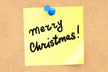 Merry Christmas text on a sticky note pinned to a corkboard. 3D