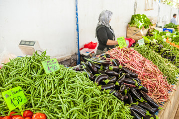 Sale of fresh organic fruits and vegetables at a local farmers market, Fethiye, Turkey