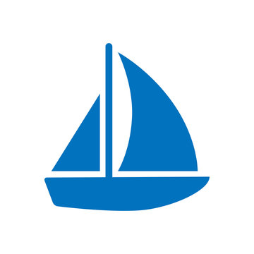 Icono plano velero azul en fondo banco.