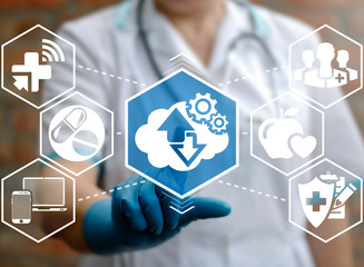 Health care integration medicine cloud web concept. Cloud storage gear arrow modernization...