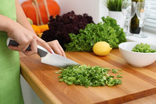 Closeup of woman hands cooking vegetables salad in kitchen. Healthy meal and vegetarian concept.
