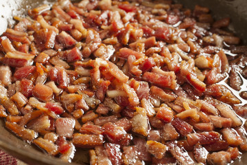 chopped pieces of pancetta frying in a skillet