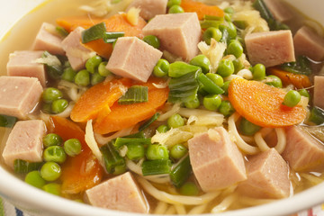 Saimin with Spam Carrots and Peas, a Hawaiian classic