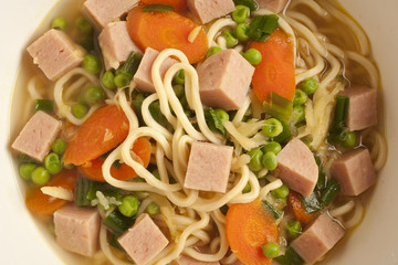 Saimin with Spam Carrots and Peas, a Hawaiian classic