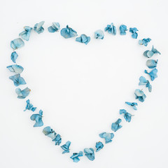 Heart symbol made of flowers on white background, Flat lay, Top view