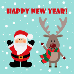 Fototapeta na wymiar Vector illustration of a Santa and deer with text happy new year on a snow background