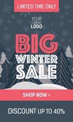 Gray and pink web banner big winter sale with trees, plate special offer and shop now