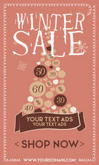 Brown web banner winter sale with christmas tree and button shop now