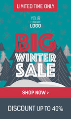 Green and red web banner big winter sale with trees, plate special offer and shop now