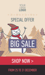 Fototapeta premium Pastel web banner big winter sale and special offer with trees, plate, snowman and shop now