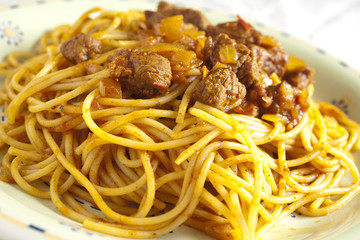 Tunisian style spaghetti with meat sauce