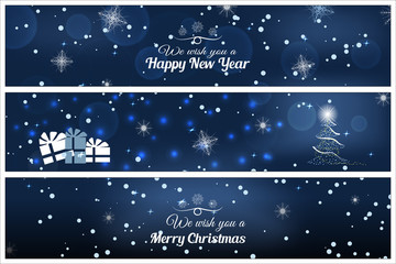 Naklejka na ściany i meble Vector illustration of greetings bookmarks for Merry Christmas and Happy New Year on the abstract dark blue background with christmas tree, snow, stars, snowflakes.