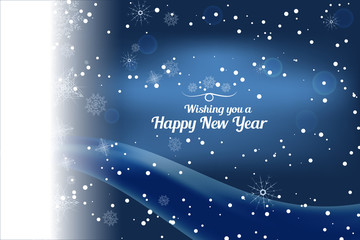 Vector Wishing you a Happy New Year abstract dark blue background with snow on the left, wave and snowflakes.