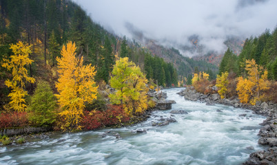Autumn HDR with fog over mountain in Leavenworth - 131253541