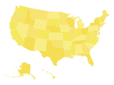 Blank map of United States of America, aka USA, divided into states in four shades of yellow. Simple flat vector illustration on white background.