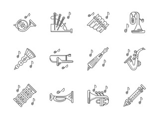 Orchestra melodies flat line vector icons set