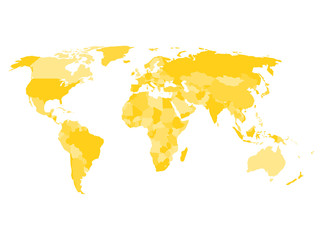 Fototapeta na wymiar World map with names of sovereign countries and larger dependent territories. Simplified vector map in four shades of yelow on white background.
