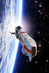 Spaceship fighter orbiting planet