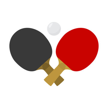 Crossed table tennis or ping pong paddles or rackets and ball. Vector illustration