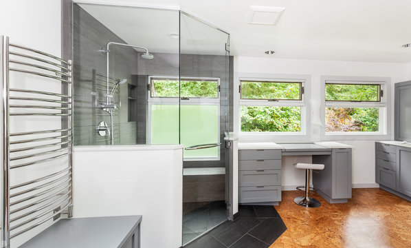 Glass Above Pony Wall And Full Height Door With Towel Bar Installed